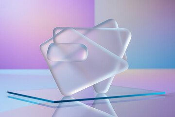 Abstract Frosted Glass Shapes on Reflective Surface with Gradient Background