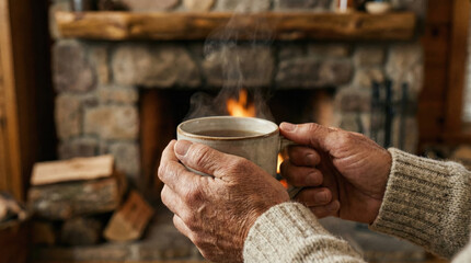 Warm cup of coffee held by hands in front of cozy fireplace, creating comforting atmosphere