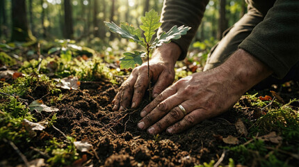 Planting young oak tree in rich soil, hands covered in dirt, symbolizes growth and renewal