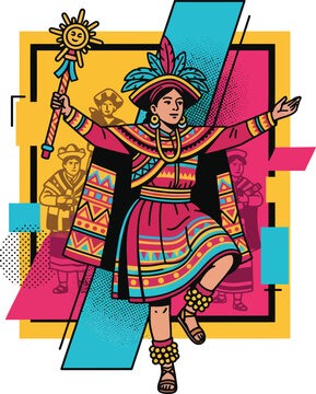 Peruvian Woman in Traditional Andean Clothing Dancing with Sun Scepter Vector Illustration Representing Inca Heritage Folklore and South American Culture