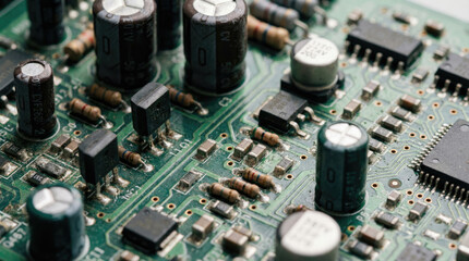 Close up of electronic circuit board with capacitors and resistors, showcasing intricate details