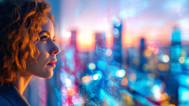 Businesswoman Looking Out Skyscraper Window at Futuristic City with Digital Data Overlay at Sunset - Powered by Adobe