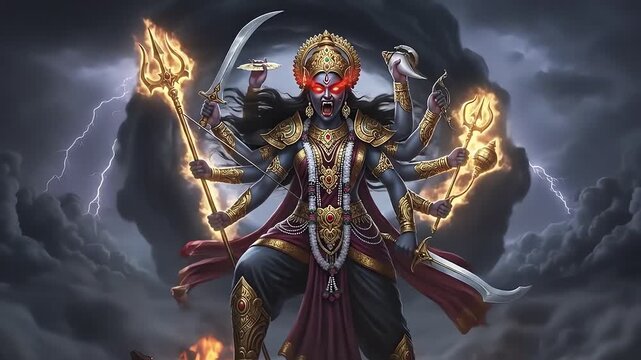 A powerful multi-armed Hindu deity with fierce red eyes, holding weapons amidst a stormy sky with lightning, embodying divine strength and destruction.