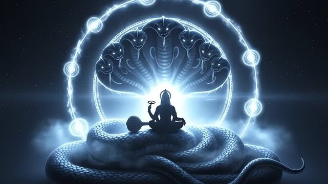 Silhouette of a deity meditating on a coiled serpent under a multi-headed cobra canopy with glowing blue spiritual energy.