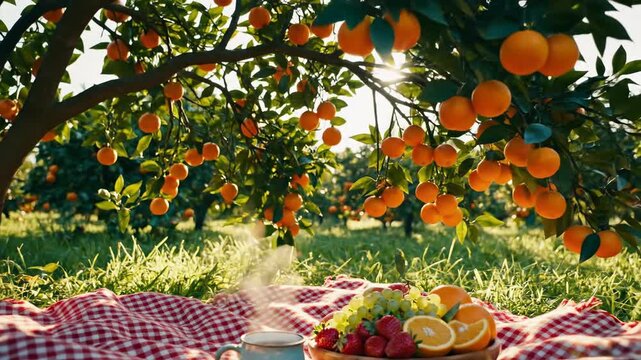 Bright sunlit picnic with fruit bowl and blue mug beneath orange trees on red gingham blanket, vibrant summer