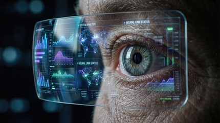 Close up of eye with digital interface displaying data and graphs, showcasing technology