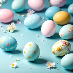 Fototapeta premium Pastel-colored Easter eggs with floral and polka-dot patterns are scattered amidst tiny white flowers on a light blue surface