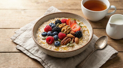 Healthy breakfast bowl with oatmeal, fresh berries, nuts, and tea