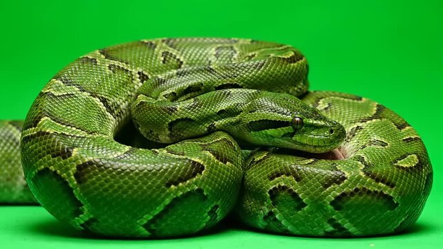 A Striking Close-Up of a Coiled Green Python, Showcasing its Intricate Scales and Vibrant Patterns Against a Bright Studio Background