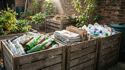 Recycling bins filled with glass bottles, plastic containers, and cardboard in garden