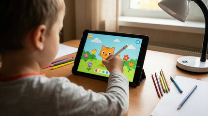 Child engages with digital drawing application tablet, creating colorful artwork featuring cat