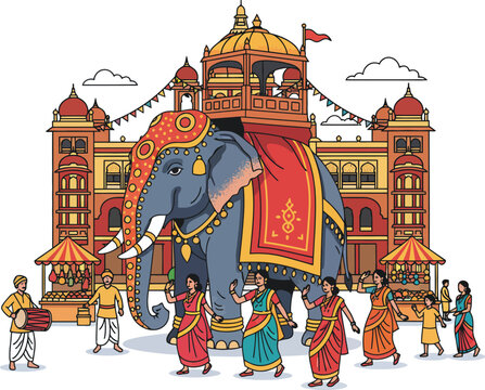 Mysore City Cultural Vector Illustration with Mysore Palace, Dasara Festival Elephant Procession, Traditional Mysore Silk Saree and Heritage Landmarks of Karnataka India