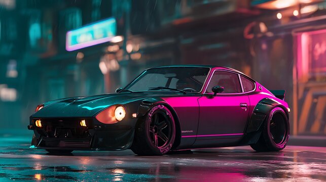 Cyberpunk Datsun 240Z Sports Car in Neon City Rain illustration photo