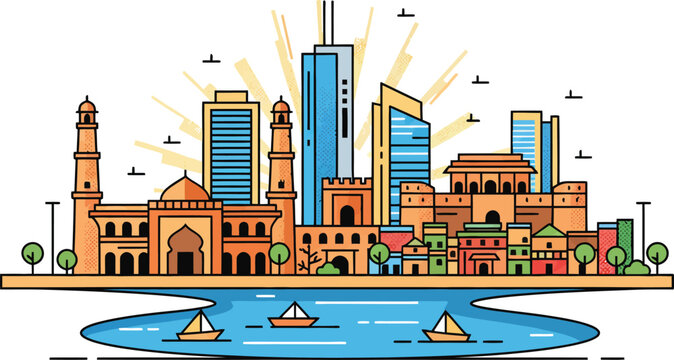 Ahmedabad City Skyline Vector Illustration with Sabarmati Riverfront, Atal Pedestrian Bridge, Jama Masjid and Historic Landmarks, Gujarat India Urban Cityscape Heritage