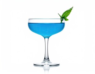A vibrant blue drink garnished with green leaf
