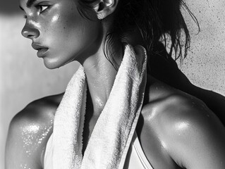 A woman with sweat on her face and arms wrapped in towels after exercise.