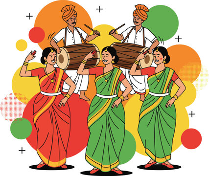 Maharashtrian Folk Dance Vector with Women in Traditional Nauvari Saree and Dhol Pathak Drummers, Marathi Culture and Lavani Festival Illustration