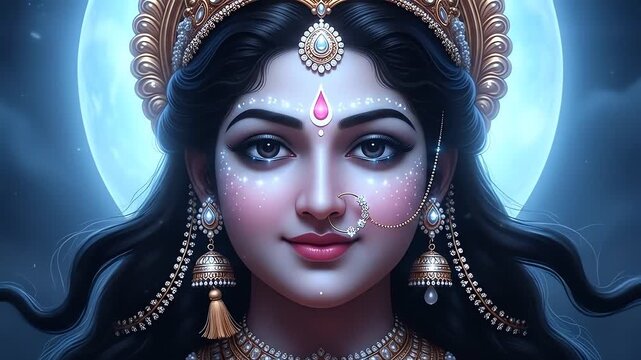 Close-up portrait of a beautiful Hindu goddess with dark hair, adorned in traditional jewelry, against a luminous full moon background.