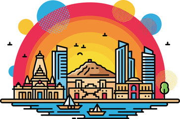 Fototapeta premium Gujarat City Skyline Vector Illustration with Ahmedabad and Surat Landmarks, Modern and Historic Architecture of Indian Urban Cityscape Silhouette
