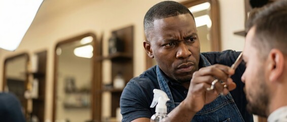 Black barber cutting clients hair with scissors and comb, focused expression, modern salon Professional grooming, male grooming, lifestyle