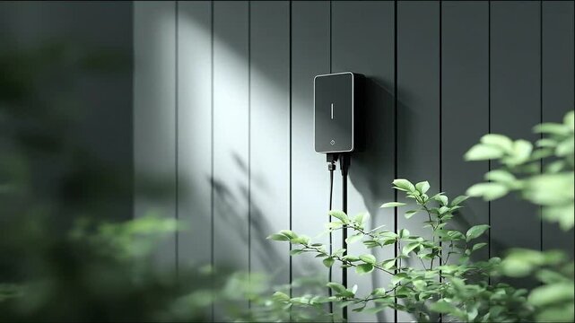 Sleek EV Charger Mounted on Modern Gray Wall, Surrounded by Lush Greenery: A Sustainable and Stylish Home Charging Solution