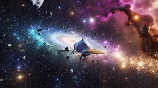 Cosmic whale floating through nebulae and stars abstract illustration fantasy design