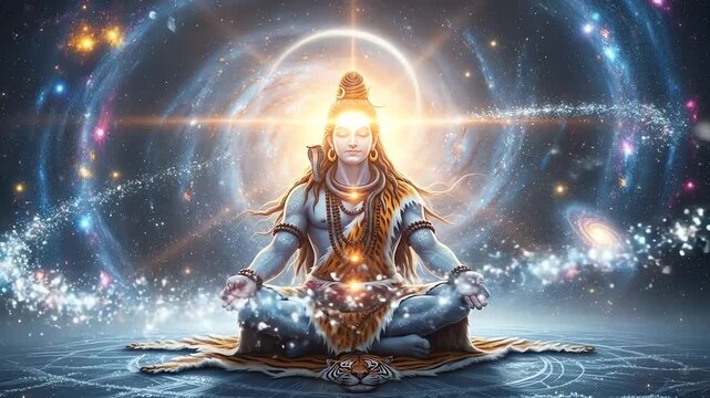 Lord Shiva meditating in a cosmic universe with swirling stars and divine energy.
