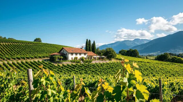 Vineyard house on rolling hills with mountains and blue sky in summer