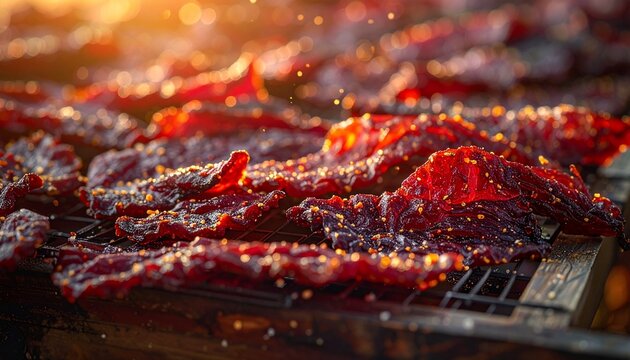 Fresh beef jerky drying on racks during sunset at outdoor food market in summer