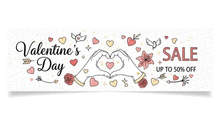 Hand-drawn Valentine's Day sale banner with heart hands, cupid, flowers, and birds, offering up to 50% off for a charming celebration.