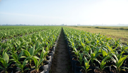Fototapeta premium Young oil palm seedlings in black polybags at nursery plantation field with morning sunlight