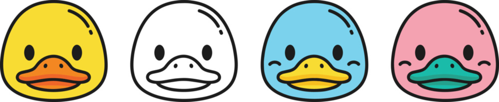 Cute duck face icon set in different colors for kids sticker emoji and playful cartoon design