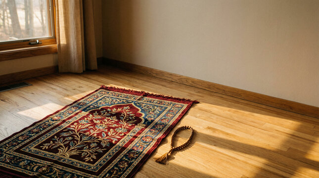 A beautifully embroidered prayer mat (Sajadah) laid out on a light-colored hardwood floor
