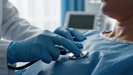 Doctor in blue gloves using stethoscope on patient in hospital gown medical checkup