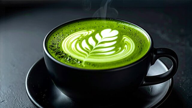 黒背景にラテアートが映える、湯気が上り立つ抹茶ラテ　高級抹茶、カフェの和風ドリンク