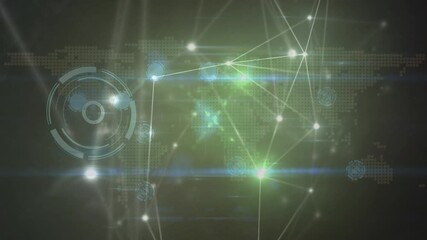 Animation of light beams with connecting dots against world map, hud on digital interface - Powered by Adobe