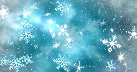 Animation of digital various snowflakes moving over turquoise multiple exposure background - Powered by Adobe