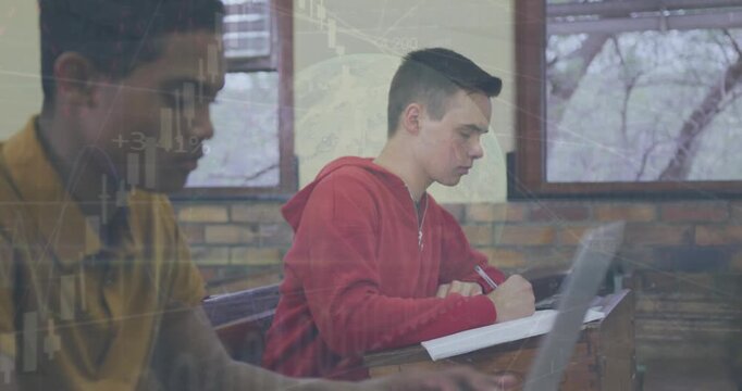 Animation of globe rotating with graphs over multiracial student studying in classroom