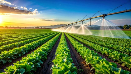 A modern irrigation system waters a lush green vegetable crop row under a clear blue summer sky in the rural agriculture landscape of a productive farm