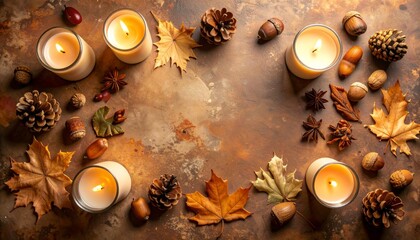 A festive Christmas background featuring golden candles and pine cones nestled among winter ornaments, holiday lights, and star decorations for a warm celebration