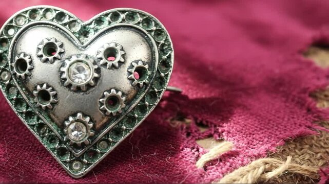 Vintage heart brooch with jewels on distressed textile detail. Concept of old, faded love and longing for antique jewelry.