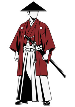 Japanese samurai warrior wearing traditional red kimono and hakama with katana
