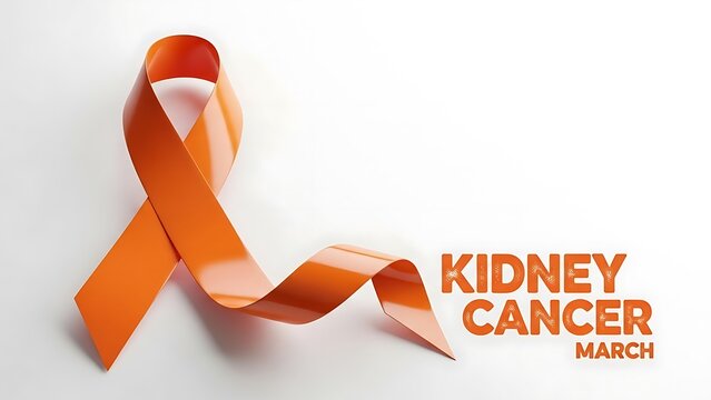 Orange ribbon with the words kidney cancer march symbolizing awareness and support