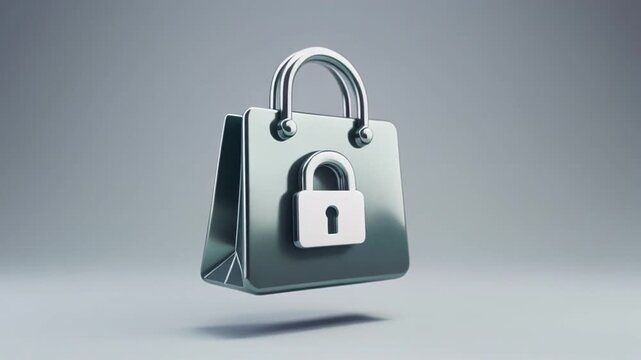 A shiny silver padlock on a sleek black square object with a handle, set against a gradient gray background with subtle shadows, symbolizing security and protection, often used in technology or financ