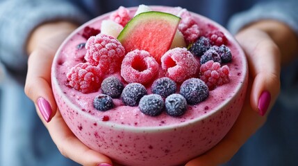 Hand holding a bowl of vibrant fruit smoothie topped with berries and watermelon.