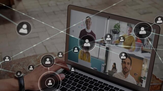 Network of profile icons against caucasian male worker falling on warehouse