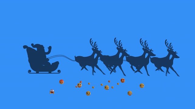 Santa sleighs and reindeers fly on snowy blue backdrop, symbolizing Christmas joy.