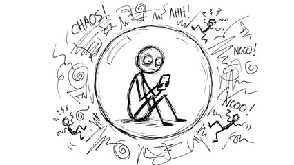 Person sitting in a chaotic bubble while using a smartphone  