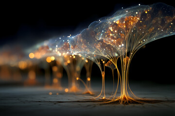 Ethereal scene of glowing golden tree-like structures with translucent canopies and star-like nodes, symbolizing networks and interconnectedness.