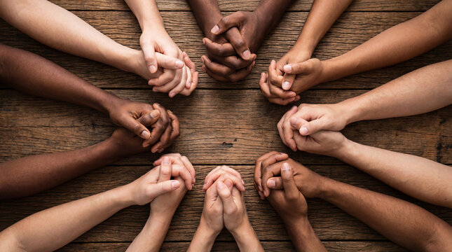 Ten hands of diverse skin tones are clasped tightly together forming a circle on a rustic wood table, symbolizing connection, hope, and togetherness.
